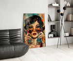 Mixed-media collage cinematic glass wall art over modern dining sideboard