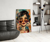 Mixed-media collage cinematic glass wall art over modern dining sideboard