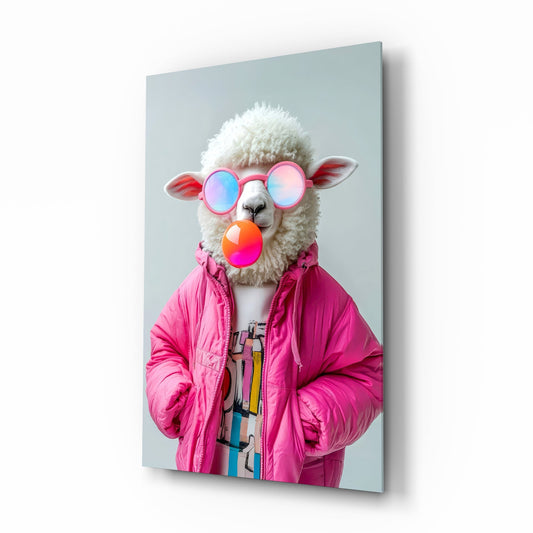 Bubblegum fashion sheep cinematic glass wall art over walnut console in designer fashion atelier