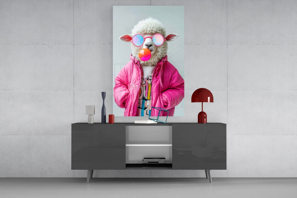 Anthropomorphic portrait cinematic glass wall art in light-filled atelier