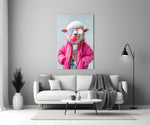 Pink-puffer sheep cinematic glass wall art in heritage stairwell