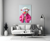 Pink-puffer sheep cinematic glass wall art in heritage stairwell