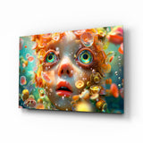 Tim Burton droplet child cinematic glass wall art over walnut console in designer entertainment den
