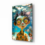 Tim Burton bug eye boy cinematic glass wall art over walnut console in designer entertainment den