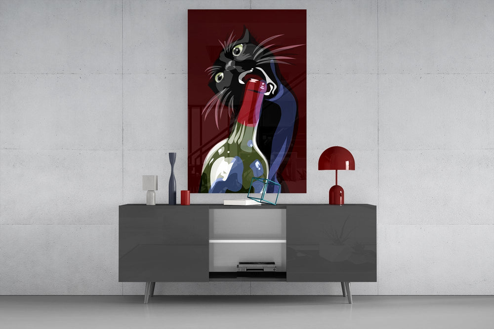 Cat-and-bottle cinematic glass wall art in light-filled atelier