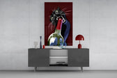 Cat-and-bottle cinematic glass wall art in light-filled atelier