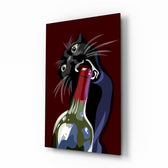 Wine bottle cat bandit cinematic glass wall art over walnut console in designer wine bar