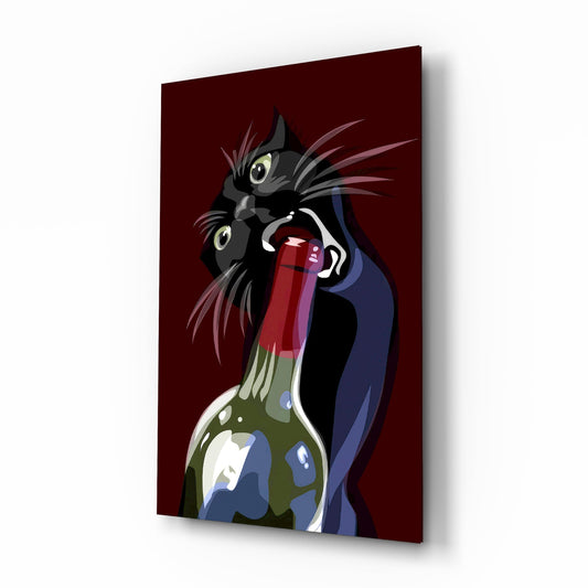 Wine bottle cat bandit cinematic glass wall art over walnut console in designer wine bar