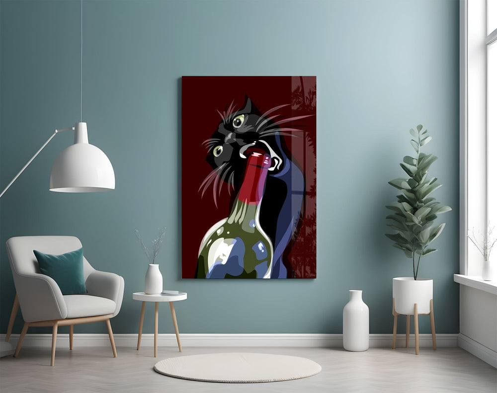 Mischievous cat cinematic glass wall art in feminine-luxe powder-room