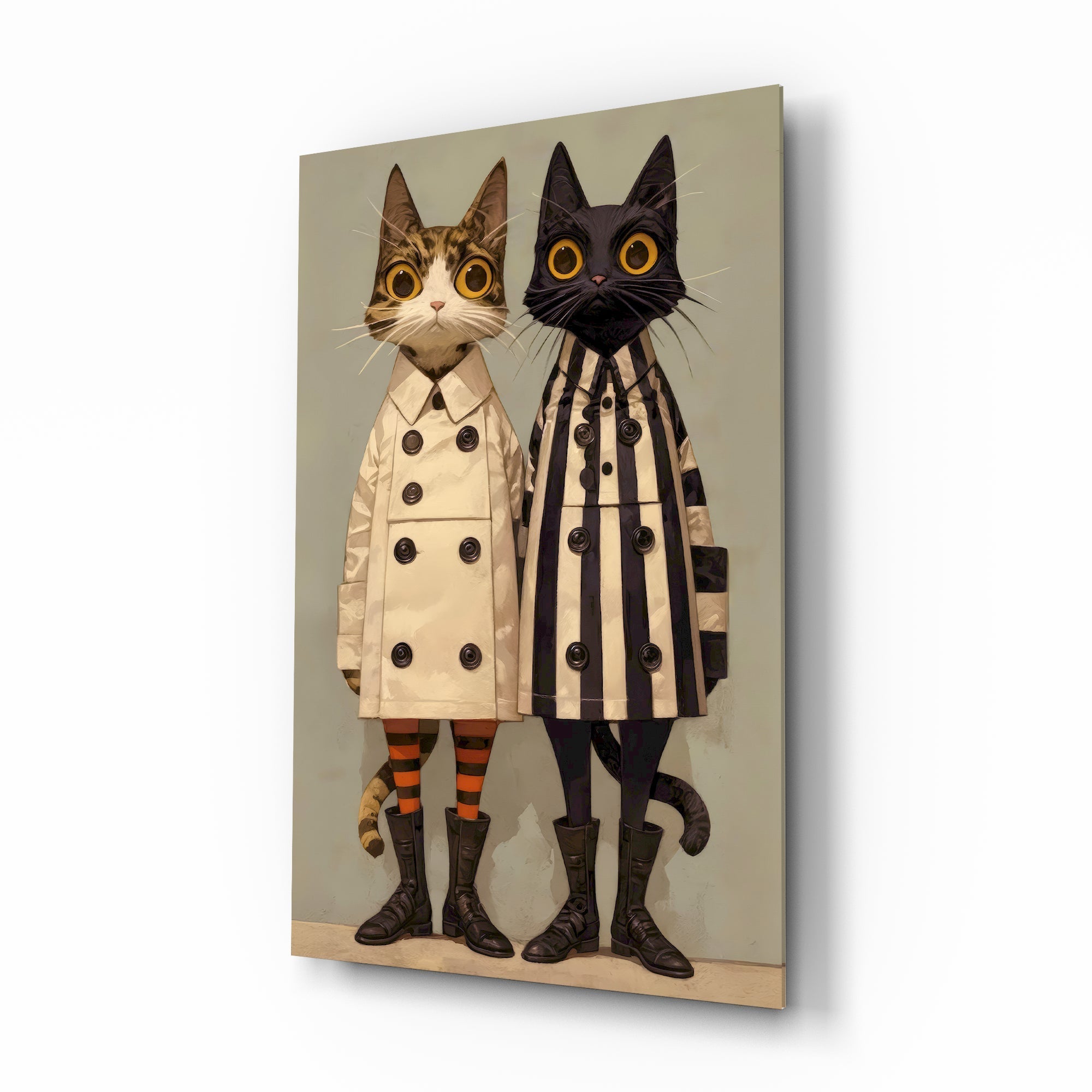 Trench coat cat pair cinematic glass wall art over walnut console in designer fashion atelier