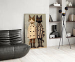 Saucer-eyed cats cinematic glass wall art over modern dining sideboard