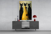 Anthropomorphic fashion cinematic glass wall art in light-filled atelier