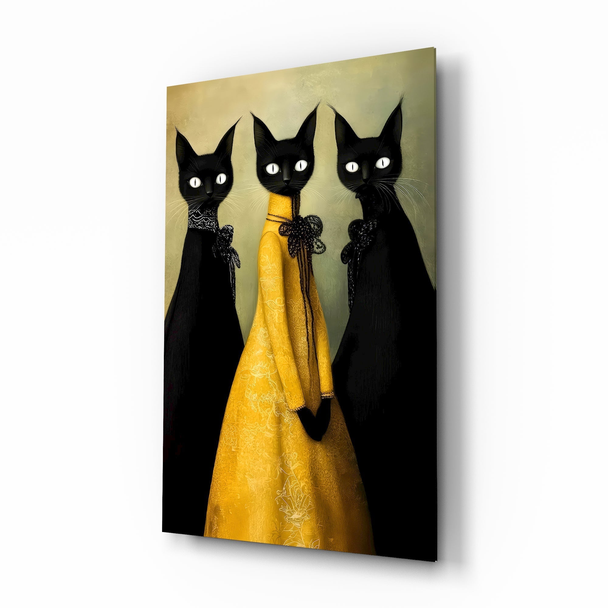 Three black cats coven cinematic glass wall art over walnut console in designer fashion atelier