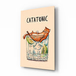 Catatonic cocktail cinematic glass wall art over walnut console in designer kitchen