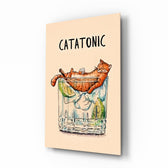 Catatonic cocktail cinematic glass wall art over walnut console in designer kitchen