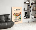 Watercolor pun cinematic glass wall art over modern bar console