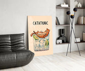 Watercolor pun cinematic glass wall art over modern bar console