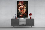 Dark-Renaissance cinematic glass wall art in light-filled atelier