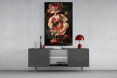 Dark-Renaissance cinematic glass wall art in light-filled atelier