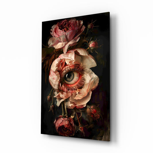 Surreal eyeball rose cinematic glass wall art over walnut console in designer fashion atelier