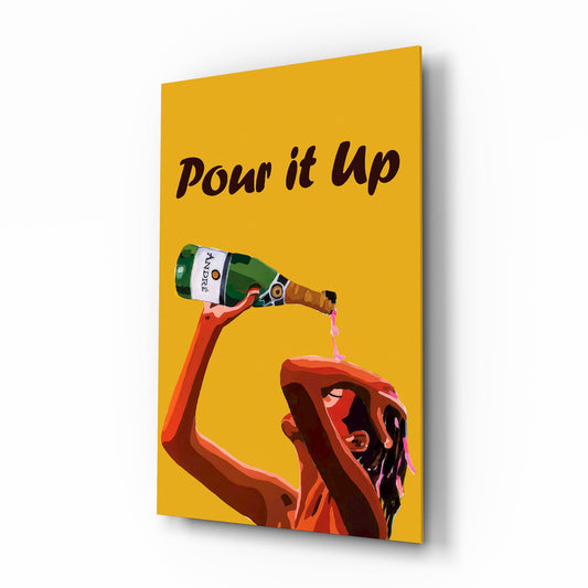 Pour it Up champagne cinematic glass wall art over walnut console in designer wine bar