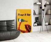 Hand-lettered pour cinematic glass wall art over modern bar console