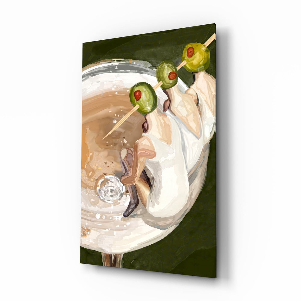 Martini three olives cinematic glass wall art over walnut console in designer wine bar
