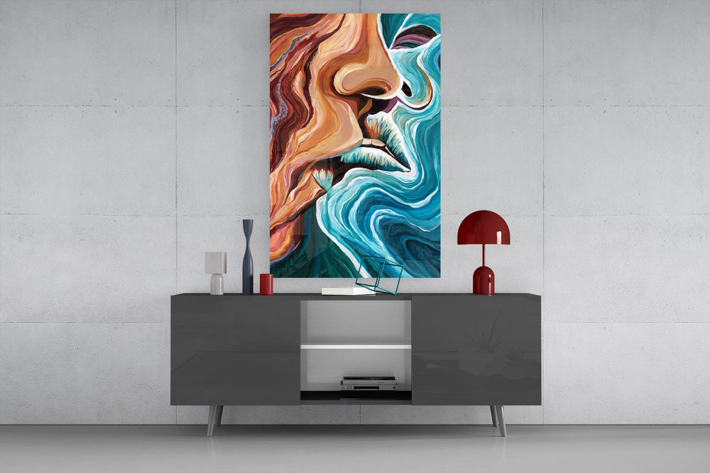 Elemental poetry cinematic glass wall art in light-filled atelier
