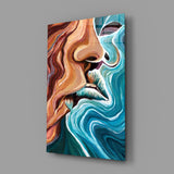 Fire-water lovers cinematic glass wall art in feminine-luxe boudoir