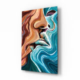 Modernist flowing kiss cinematic glass wall art over walnut console in designer bedroom