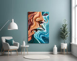 Flowing-paint kiss cinematic glass wall art in couples' suite