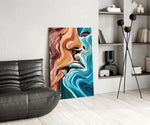 Copper-and-cobalt waves cinematic glass wall art over modern dining sideboard