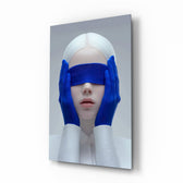 Cobalt blindfold porcelain muse cinematic glass wall art over walnut console in designer fashion atelier