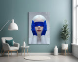 Yves-Klein blue cinematic glass wall art in boutique-hotel suite