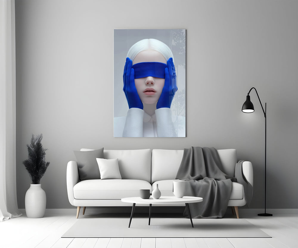 Helmut-Newton style cinematic glass wall art in heritage stairwell