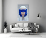Helmut-Newton style cinematic glass wall art in heritage stairwell