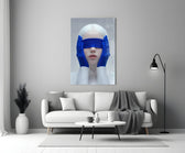Helmut-Newton style cinematic glass wall art in heritage stairwell
