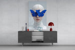 Klein-Blue muse cinematic glass wall art in light-filled atelier