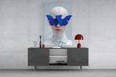 Klein-Blue muse cinematic glass wall art in light-filled atelier
