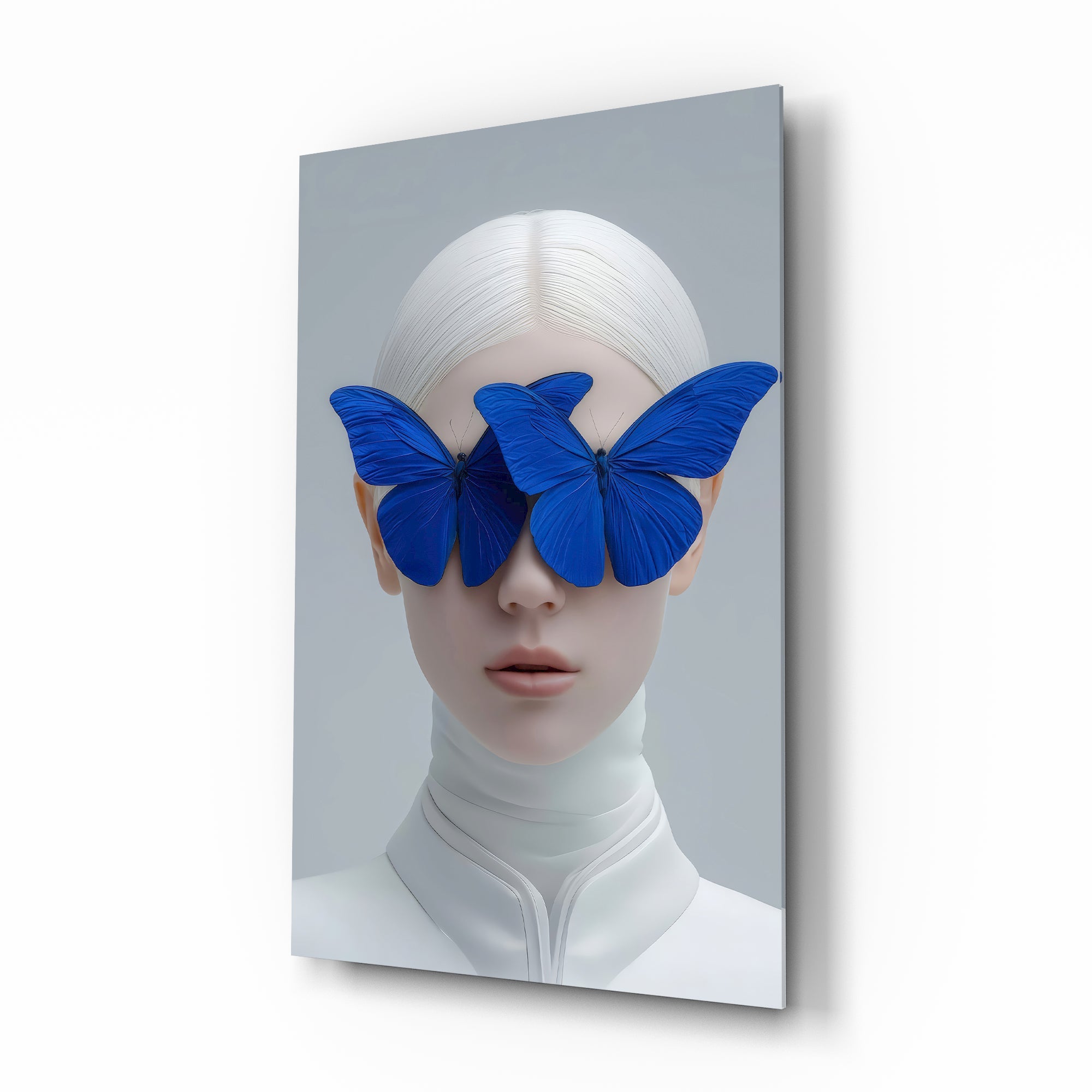 Cobalt butterfly muse cinematic glass wall art over walnut console in designer fashion atelier
