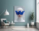 Yves-Klein blue cinematic glass wall art in boutique-hotel suite