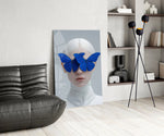 Conceptual butterfly cinematic glass wall art over modern dining sideboard