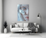 Helmut-Newton style cinematic glass wall art in heritage stairwell