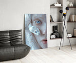 Cobalt-eye snake cinematic glass wall art over modern dining sideboard