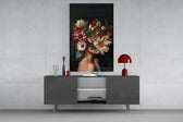 Painterly bouquet cinematic glass wall art in light-filled atelier