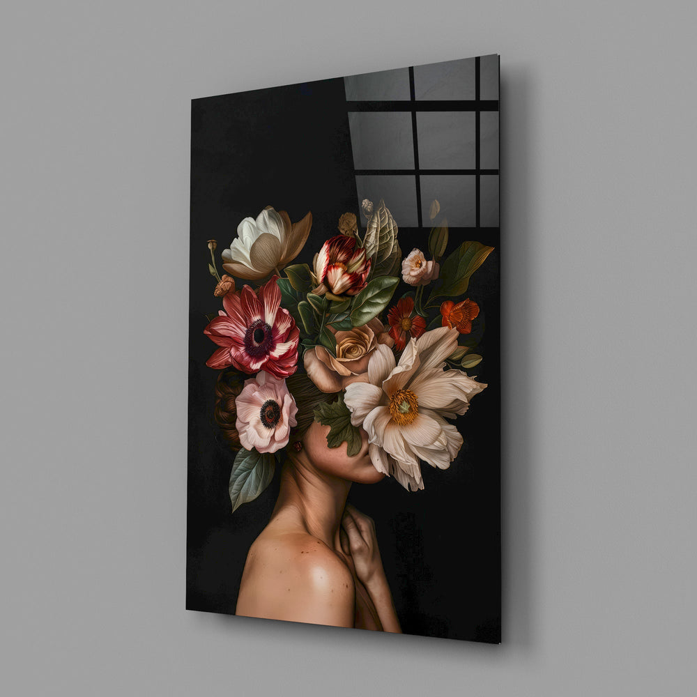 Old Master surreal floral cinematic glass wall art in feminine-luxe boudoir