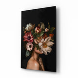 Floral headdress muse cinematic glass wall art over walnut console in designer fashion atelier