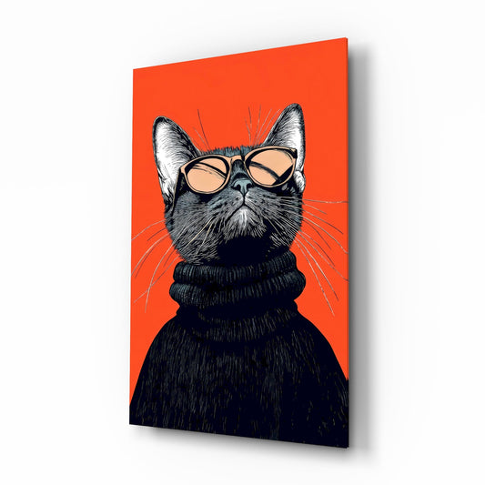 Cool cat tangerine shades cinematic glass wall art over walnut console in designer fashion atelier