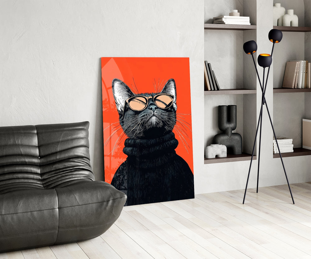 Tangerine cool-cat cinematic glass wall art over modern dining sideboard