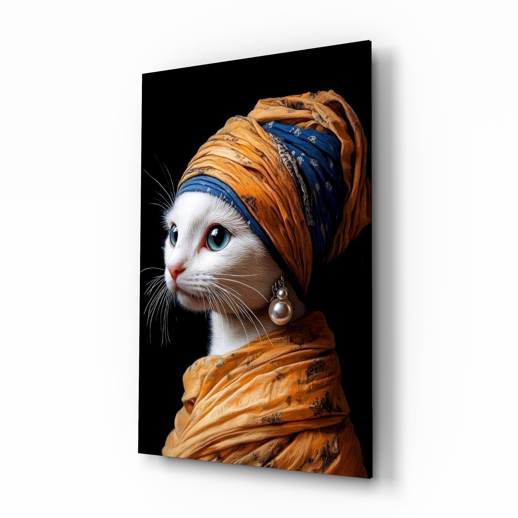 White cat Pearl Earring cinematic glass wall art over walnut console in designer fashion atelier